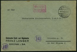 ALL. BES. GEBÜHR BEZAHLT GRÜNA (SACHSEN), 4.2.46, Roter R2 Gebühr Bezahlt, Prachtbrief - Otros & Sin Clasificación