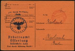 ALL. BES. GEBÜHR BEZAHLT LAHR (SCHWARZWALD), 15.3.46, Roter K2 Gebühr Bezahlt, Auf Vordruckkarte Vom Arbeitsamt Offenbur - Autres & Non Classés