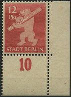 BERLIN UND BRANDENBURG 5AAwax **, 1945, 12 Pf. Mittelkarminrot, Graurosa Papier, Glatter Gummi, Untere Rechte Bogenecke, - Andere & Zonder Classificatie