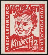 MECKLENBURG-VORPOMMERN 28bU **, 1945, 12 Pf. Dunkelrosa Kinderhilfe, Ungezähnt, Deutlicher Abklatsch, Pracht, Gepr. Kram - Other & Unclassified