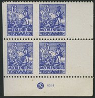 MECKLENBURG-VORPOMMERN 33xbUsDZ VB **, 1946, 6 Pf. Violettblau, Kreidepapier, Senkrecht Ungezähnt, Im Eckrandviererblock - Other & Unclassified