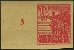 MECKLENBURG-VORPOMMERN 36ybGU **, 1946, 12 Pf. Rot, Graues Papier, Druck Auf Gummiseite, Ungezähnt, Pracht, Mi. 150.- - Altri & Non Classificati