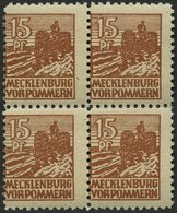 MECKLENBURG-VORPOMMERN 37ybb VB **, 1946, 15 Pf. Schwärzlichgelbbraun, Graues Papier, Im Viererblock, Pracht, Gepr. Kram - Andere & Zonder Classificatie