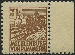 MECKLENBURG-VORPOMMERN 37ye **, 1946, 15 Pf. Orangebraun, Graues Papier, Rechtes Randstück, Pracht, Gepr. Kramp, Mi. 90. - Autres & Non Classés