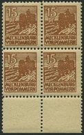 MECKLENBURG-VORPOMMERN 37za VB **, 1946, 15 Pf. Gelbbraun, Dünnes Papier, Im Viererblock Vom Unterrand, Pracht, Gepr. Th - Altri & Non Classificati