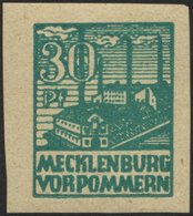 MECKLENBURG-VORPOMMERN 39zbU *, 1946, 30 Pf. Dunkelopalgrün, Dünnes Papier, Ungezähnt, Falzrest, Pracht, RR!, Gepr. Thom - Autres & Non Classés