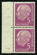 BUNDESREPUBLIK 179yDZ **, 1960, 5 Pf. Heuss Lumogen Im Senkrechten Randpaar Mit Druckereizeichen 7 Und Plattennummer, Pr - Usati