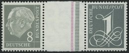 ZUSAMMENDRUCKE WZ 15aIVYII **, 1960, Heuss Wz. Liegend 8 + Z + 1, Schmale Strichelleiste In Rotlila Und Eine In Dunkelbl - Gebruikt