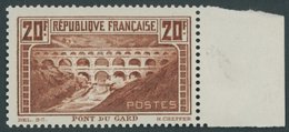 FRANKREICH 242A **, 1929, 20 Fr. Brücke über Den Gard, Gezähnt K 131/2, Rechtes Randstück, Normale Zähnung, Postfrisch,  - Otros & Sin Clasificación