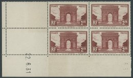 FRANKREICH 263 VB **, 1931, 2 Fr. Triumphbogen Im Eckrandviererblock Mit Druckdatum Und Zwei Leerfeldern, Postfrisch, Pr - Otros & Sin Clasificación