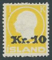 ISLAND 111 **, 1924, 10 Kr. Auf 1 Kr. Gelb, Rauhe Zähnung, Postfrisch, Pracht, Mi. 900.- - Altri & Non Classificati