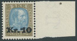 ISLAND 124 **, 1929, 10 Kr. Auf 2 Kr. Olivbraun/hellblau Mit Breitem Rechten Rand, Postfrisch, Pracht, Mi. (190.-) - Sonstige & Ohne Zuordnung