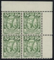 LIECHTENSTEIN 68 VB **, 1925, 10 Rp. Schwarzgelblichgrün Im Viererblock Aus Der Rechten Oberen Bogenecke, Postfrisch, Pr - Autres & Non Classés