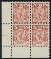 LIECHTENSTEIN 70 VB **, 1926, 20 Rp. Dunkelzinnoberrot Im Linken Unteren Eckrandviererblock, Postfrisch, Prcaht, Mi. 680 - Sonstige & Ohne Zuordnung