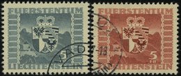 LIECHTENSTEIN 243/252 O, 1945/7, 5 Fr. Wappen, 2 Prachtwerte, Mi. 105.- - Other & Unclassified