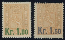 NORWEGEN 62/3 *, 1905, 1 Und 1.50 Kr. Auf 2 Sk. Orange, Große Falzreste, 2 Prachtwerte, Mi. 95.- - Other & Unclassified