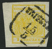 ÖSTERREICH 1Xd O, 1850, 1 Kr. Tiefkadmiumgelb, Handpapier, Type III, Linkes Randstück, Stempel TRIEST, Kabinett, Fotobef - Used Stamps