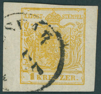 ÖSTERREICH BIS 1867 1Xd O, 1850, 1 Kr. Kadmiumgelb, Handpapier, Type III, Linkes Randstück 5 Mm, K1 (TEME)SVAR, Meist Ri - Gebruikt