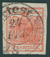 ÖSTERREICH BIS 1867 3X O, 1850, 3 Kr. Rot, Handpapier, Type Ia, Mit Plattenfehler Rahmenbruch Links Oben, K2 TRIEST, Vol - Usados