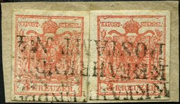 ÖSTERREICH 3X BrfStk, 1850, 3 Kr. Karmin, Handpapier, Type IIIa, 2x Auf Briefstück, Mit L2 K.K. FAHRENDES POSTAMT Nr. 4  - Used Stamps