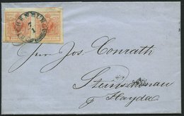 ÖSTERREICH 3Xa Paar BRIEF, 1855, 3 Kr. Rot, Handpapier, Type IIIa, Waagerechtes Breitrandiges Paar Auf Brief Mit Blauem  - Oblitérés