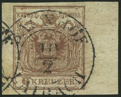 ÖSTERREICH 4Y O, 1854, 6 Kr. Braun, Maschinenpapier, Type III, Randstück Rechts 8 Mm, K2 BAHNHOF LAIBACH, Pracht - Gebraucht
