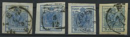 ÖSTERREICH 5X,Y O, 1850/4, 9 Kr. Blau, 4 Allseits Riesenrandige Prachtwerte - Gebruikt