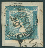 ÖSTERREICH BIS 1867 6Iy BrfStk, 1851, 0.6 Kr. Blau, Geripptes Papier, Doppelentwertung (K1 Und L2), Voll-überrandig, Pra - Gebruikt