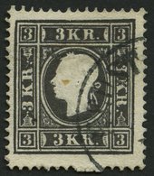 ÖSTERREICH 11II O, 1859, 3 Kr. Schwarz, Type II, Unten Drei Ausgelassene Zähnungslöcher, Pracht - Oblitérés
