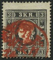 ÖSTERREICH O, 1859, 3 Kr. Schwarz, Type II, Roter K1 WIEN, Etwas Dezentriert, Pracht, Mi. 230.- - Usati
