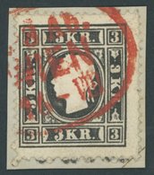 ÖSTERREICH BIS 1867 11II BrfStk, 1859, 3 Kr. Schwarz, Type II, Unten Mit Andreaskreuzansatz, Roter Ovalstempel WIEN, Pra - Gebruikt