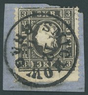 ÖSTERREICH BIS 1867 11II BrfStk, 1859, 3 Kr. Schwarz, Type II, K1 SMICHOW PRAG, Feinst, Gepr. Dr. Ferchenbauer - Usati