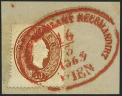 ÖSTERREICH 21 BrfStk, 1863, 10 Kr. Braun, Vollständiger Roter Ovalstempel WIEN K.K. BRIEF-FILIALAMT RECOMMANDIRT 1863, P - Usati
