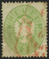 ÖSTERREICH 25 O, 1863, 3 Kr. Grün, Roter Stempel, üblich Gezähnt Pracht - Gebruikt