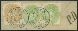 ÖSTERREICH 31,34 BrfStk, 1863, 3 Kr. Grün (2x) Und 15 Kr. Braun Auf Großem Briefstück Mit Blauen K2 WIEN SEILERSTÄTTE Un - Usati