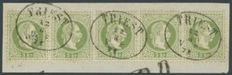 ÖSTERREICH 1867-1918 36I BrfStk, 1874, 3 Kr. Grün, Grober Druck, Im 5er-Streifen Auf Briefstück Mit K1 TRIEST Und Teilst - Used Stamps