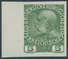 ÖSTERREICH 1867-1918 142U **, 1908, 5 H. Grün, Ungezähnt, Linkes Randstück, Pracht - Gebruikt