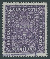 ÖSTERREICH 1867-1918 211IA O, 1919, 10 Kr. Schwärzlichbraunviolett, Faserpapier, Type I, Pracht, Mi. 100.- - Gebruikt