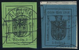 HILFSPOST MERAN 4,5Ia O,BrfStk , 1918, 2 H. Schwarz Auf Hellgrün Und 5 H. Schwarz Auf Dunkelblau, 1. Auflage, 2 Prachtwe - Meran