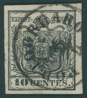 LOMBARDEI UND VENETIEN 2Xa O, 1850, 10 C. Schwarz, Handpapier, Type Ia, K1 PORTOGRUARO, Bugspur Sonst Pracht, Fotobefund - Lombardo-Vénétie