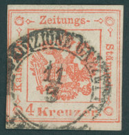 LOMBARDEI UND VENETIEN Z 3 O, Zeitungsstempelmarken: 1858, 4 Kr. Rot, Links Lupenrandig, Sonst Breitrandiges Farbfrische - Lombardo-Veneto