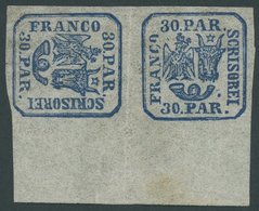 RUMÄNIEN 10IIxKb *, 1864, 30 Par. Blau, Plattendruck, Einfaches Papier, Im 90º Kehrdruckpaar Mit Breitem Rand, Zwischen  - Otros & Sin Clasificación