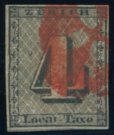 ZÜRICH 1I O, 1843, 4 Rp. Schwarz/dunkelbräunlichrot, Linienunterdruck Senkrecht, Type IV, Rote Rosette, Mit Plattenfehle - 1843-1852 Federal & Cantonal Stamps