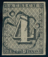 ZÜRICH 1II O, 1843, 4 Rp. Schwarz/dunkelbräunlichrot, Linienunterdruck Waagerecht, Type I, Schwarze Rosette (50% Aufschl - 1843-1852 Federal & Cantonal Stamps