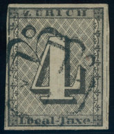 ZÜRICH 1II O, 1843, 4 Rp. Schwarz/dunkelbräunlichrot, Linienunterdruck Waagerecht, Type I, Schwarze Rosette (50% Aufschl - 1843-1852 Correos Federales Y Cantonales