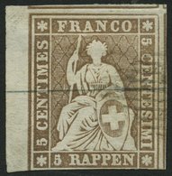 SCHWEIZ BUNDESPOST 13IIAym O, 1854, 5 Rp. Graubraun, Berner Druck I, (Zst. 22B), Linkes Randstück, Unten Etwas Angeschni - 1843-1852 Timbres Cantonaux Et  Fédéraux