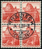 SCHWEIZ BUNDESPOST 327z VB O, 1938, 20 C. Dunkelrosa, Geriffelter Gummi, Im Zentrisch Gestempelten Viererblock, Pracht - 1843-1852 Federale & Kantonnale Postzegels