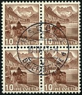 SCHWEIZ BUNDESPOST 363z VB O, 1940, 10 C. Dunkelrötlichbraun, Geriffelter Gummi, Im Zentrisch Gestempelten Viererblock,  - 1843-1852 Federal & Cantonal Stamps