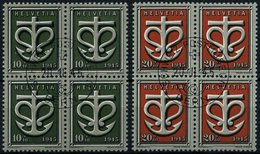 SCHWEIZ BUNDESPOST 443/4 VB O, 1945, Kriegsgeschädigte In Viererblocks Mit Zentrischen Ersttags-Sonderstempeln, Pracht - 1843-1852 Federal & Cantonal Stamps