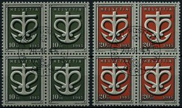 SCHWEIZ BUNDESPOST 443/4 VB O, 1945, Kriegsgeschädigte In Viererblocks Mit Zentrischen Ersttags-Sonderstempeln, Pracht - 1843-1852 Timbres Cantonaux Et  Fédéraux